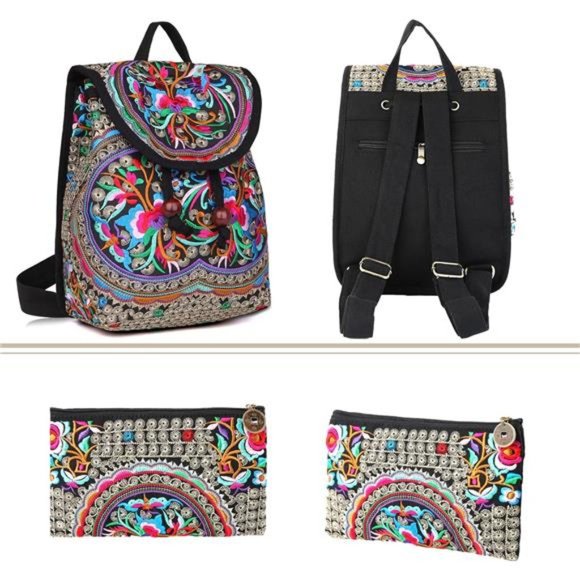 2 Pack Embroidered Backpack Purse & Small Wristlet Purse for Cellphone Coin Cash main image 6